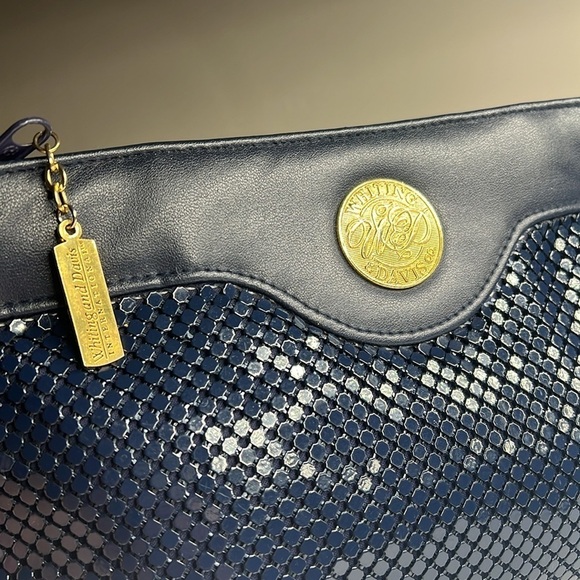 Whiting and Davis Navy Blue Metal Mesh and Leather Trim Shoulder Clutch Bag - Picture 6 of 11